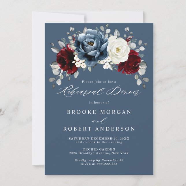 Slate Blue Burgundy White Ivory Rehearsal Dinner   Invitation (Front)