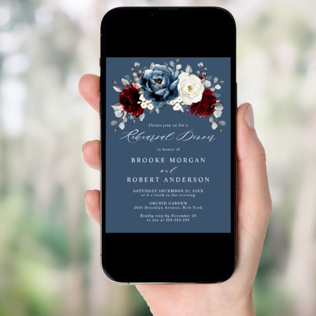 Slate Blue Burgundy White Ivory Rehearsal Dinner   Invitation (Front Digital)