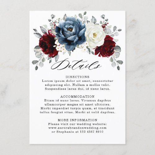 Slate Blue Burgundy White Ivory  Wedding  Details Enclosure Card