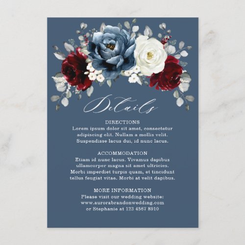 Slate Blue Burgundy White Ivory  Wedding  Details  Enclosure Card