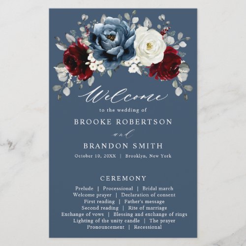 Slate Blue Burgundy White Ivory Wedding Program