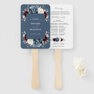 Slate Blue Burgundy White Ivory Wedding Program Hand Fan