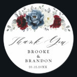 Slate Blue Burgundy White Ivory Wedding Thank you Classic Round Sticker<br><div class="desc">Slate,  Burgundy,  White ivory themed floral wedding thank you sticker featuring elegant bouquet of burgundy,  slate,  dusty blue,  ivory roses and peony flowers and dusty green eucalyptus leaves. Please contact me for any help in customization or if you need any other product</div>
