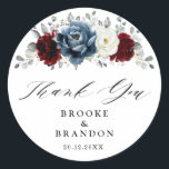 Slate Blue Burgundy White Ivory Wedding Thank you Classic Round Sticker<br><div class="desc">Slate,  Burgundy,  White ivory themed floral wedding thank you sticker featuring elegant bouquet of burgundy,  slate,  dusty blue,  ivory roses and peony flowers and dusty green eucalyptus leaves. Please contact me for any help in customization or if you need any other product</div>