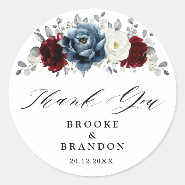 Slate Blue Burgundy White Ivory Wedding Thank you Classic Round Sticker (Front)