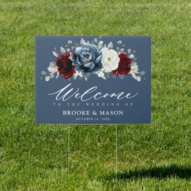 Slate Blue Burgundy White Ivory  Wedding Welcome   Sign (Insitu)