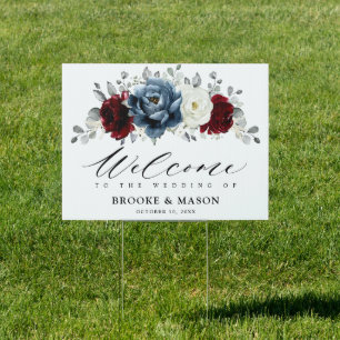 Slate Blue Burgundy White Ivory Wedding Welcome Sign
