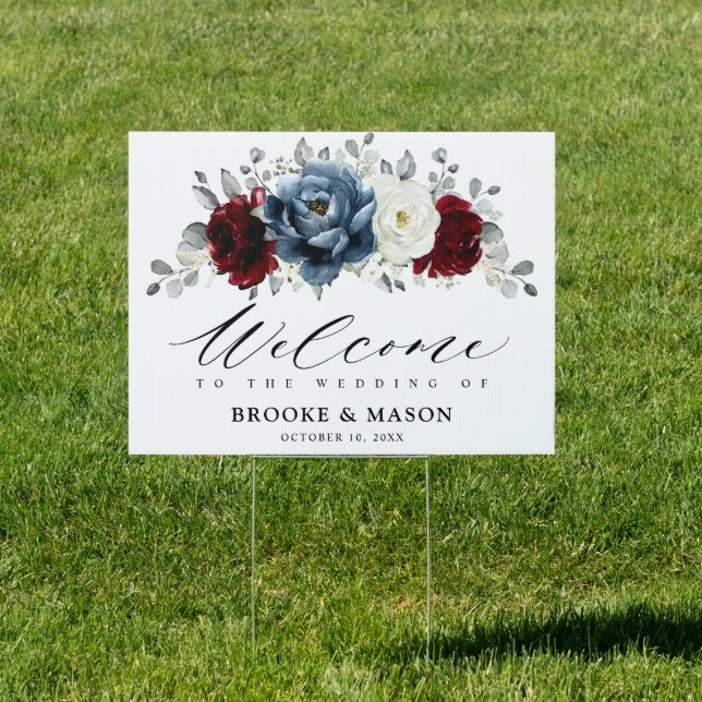 Slate Blue Burgundy White Ivory  Wedding Welcome   Sign (Insitu)