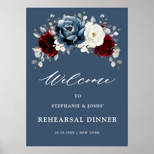 Slate Blue Burgundy White Rehearsal Dinner Welcome Poster