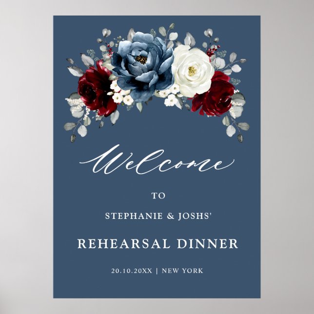 Slate Blue Burgundy White Rehearsal Dinner Welcome Poster (Front)