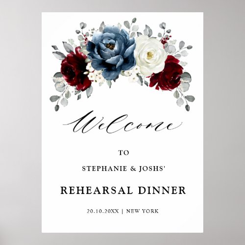Slate Blue Burgundy White Rehearsal Dinner Welcome Poster