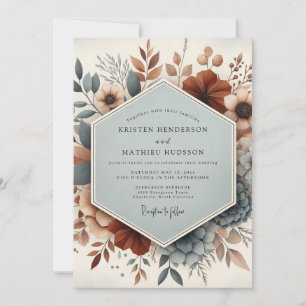 Slate Blue Burnt Orange Floral Wedding Invitation