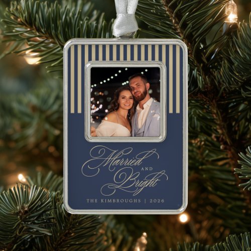 Slate Blue Champagne Newlywed Photo Christmas Ornament