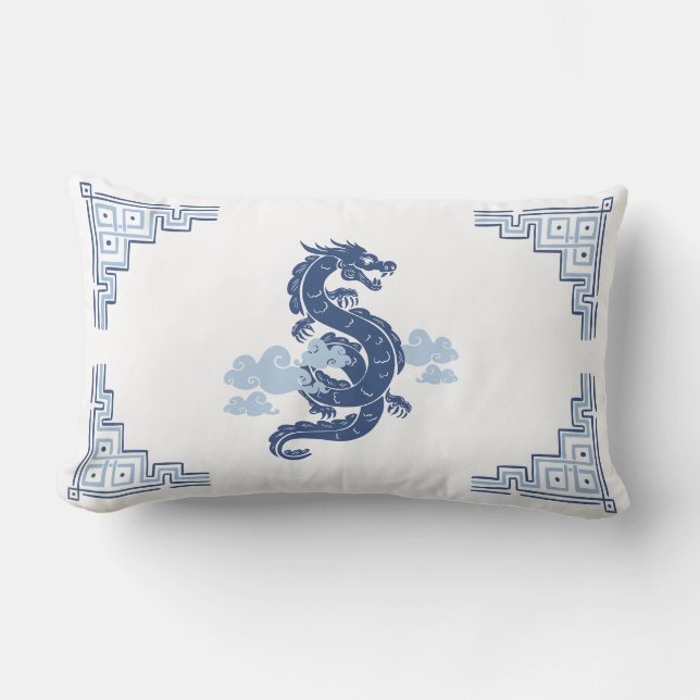 Slate Blue Chinoiserie Dragon and Clouds Lumbar Pillow (Front)