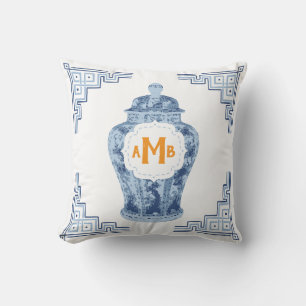 Slate Blue Chinoiserie Ginger Jar Monogram Throw Pillow