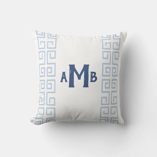 Slate Blue Chinoiserie Greek Key Stripe Monogram Throw Pillow (Front)