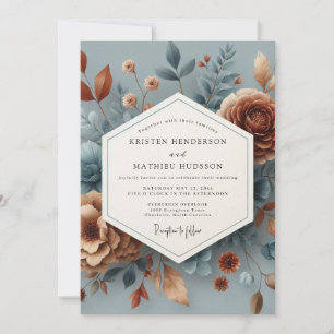 Slate Blue & Copper Floral Wedding Invitation