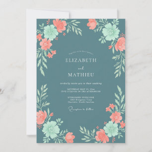 Slate Blue Coral Floral Wedding Invitation