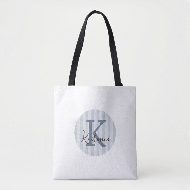 Slate Blue Custom Striped Circle Monogram Tote Bag (Front)
