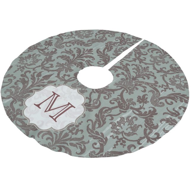Slate Blue Damask Lace Monogram Initial Tree Skirt (Angled)