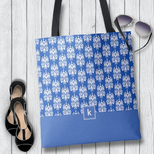 Slate Blue Damask Pattern Monogram Tote Bag