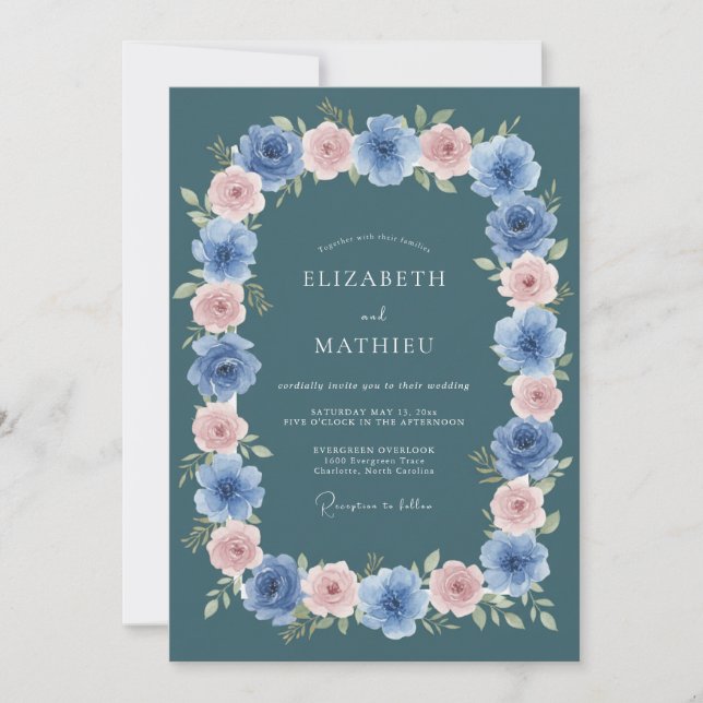 Slate Blue Delicate Blossom Wedding Invitation (Front)