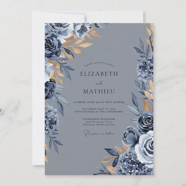 Slate Blue Distinguished Winter Wedding Invitation (Front)