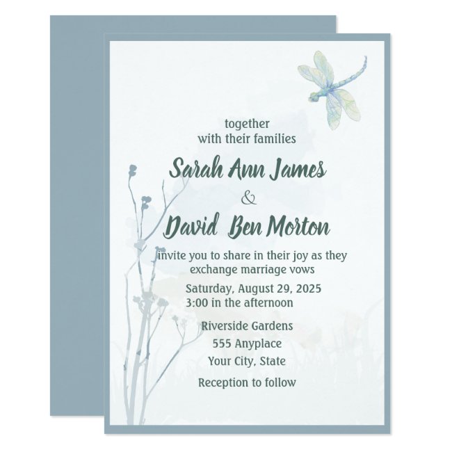 Slate Blue Dragonfly Simple Greenery Wedding Invitation