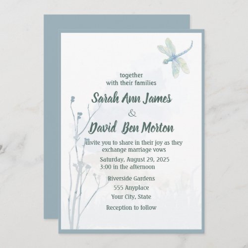 Slate Blue Dragonfly Simple Greenery Wedding Invitation