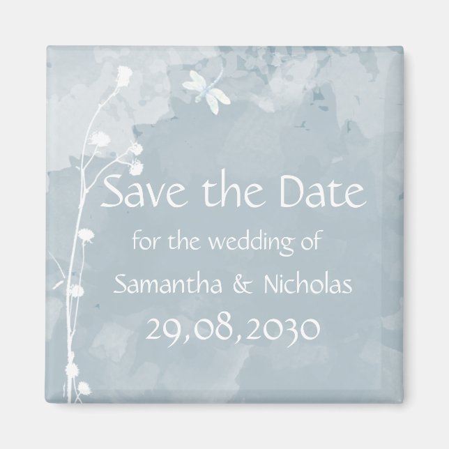 Slate Blue Dragonfly White Flowers Save the Date Magnet (Front)