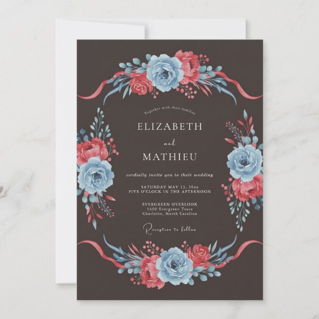 Slate Blue Dramatic Floral Wedding Invitation (Front)