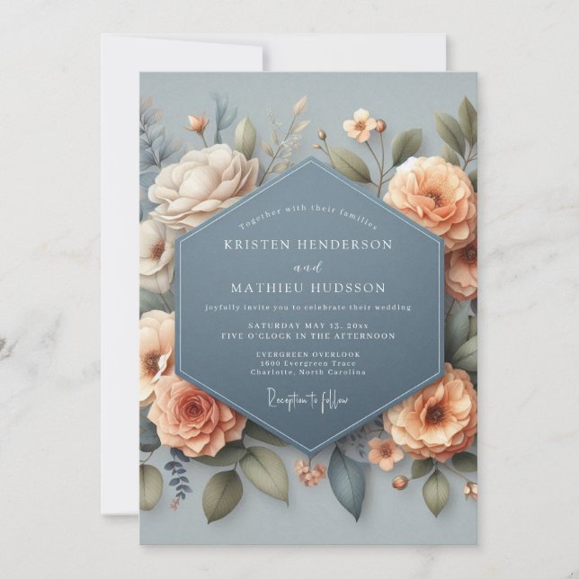 Slate Blue Elegant Bloom Wedding Invitation (Front)