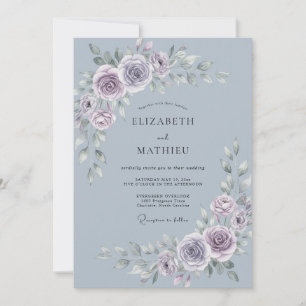 Slate Blue Elegant Floral Wedding Invitation