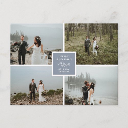 Slate Blue Elegant Photo Collage Merry  Married Postcard