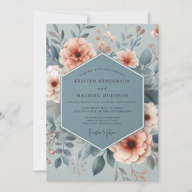 Slate Blue Ethereal Floral Wedding Invitation (Front)