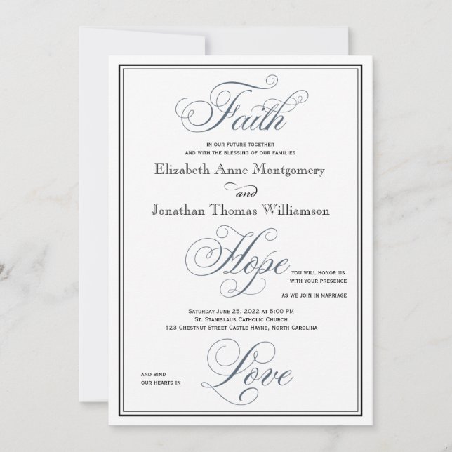 Slate Blue Faith Hope Love Christian Wedding Invitation (Front)