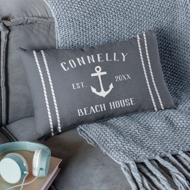 Slate Blue Family Name Beach House Anchor Lumbar Pillow (Creator Uploaded)
