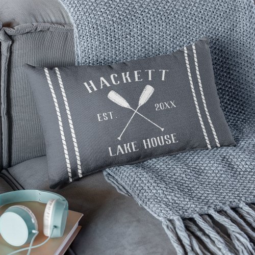 Slate Blue Family Name Lake House Oars Lumbar Pillow