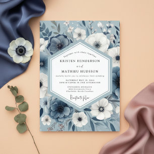 Slate Blue Floral Artistry Wedding Invitation