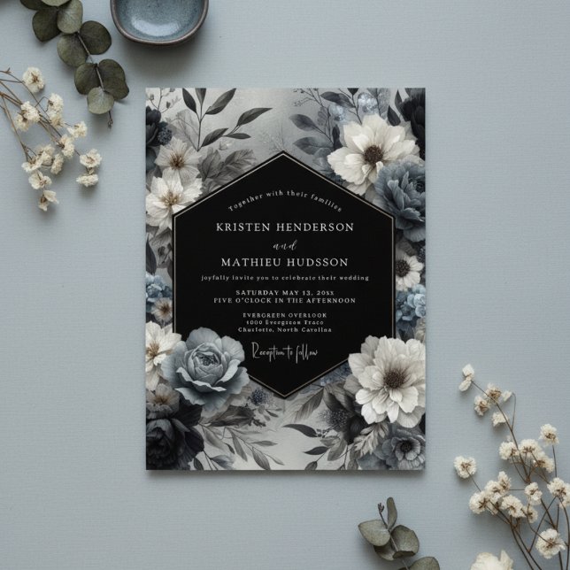 Slate Blue Floral Bloom Wedding Invitation (Creator Uploaded)
