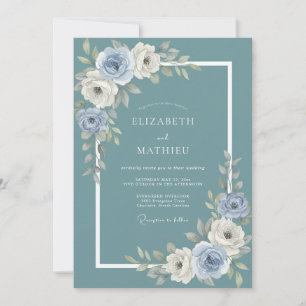Slate Blue Floral Botanical Wedding Invitation
