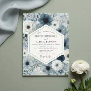 Slate Blue Floral Botanical Wedding Invitation