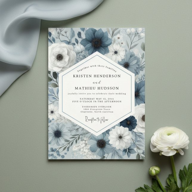 Slate Blue Floral Botanical Wedding Invitation (Creator Uploaded)