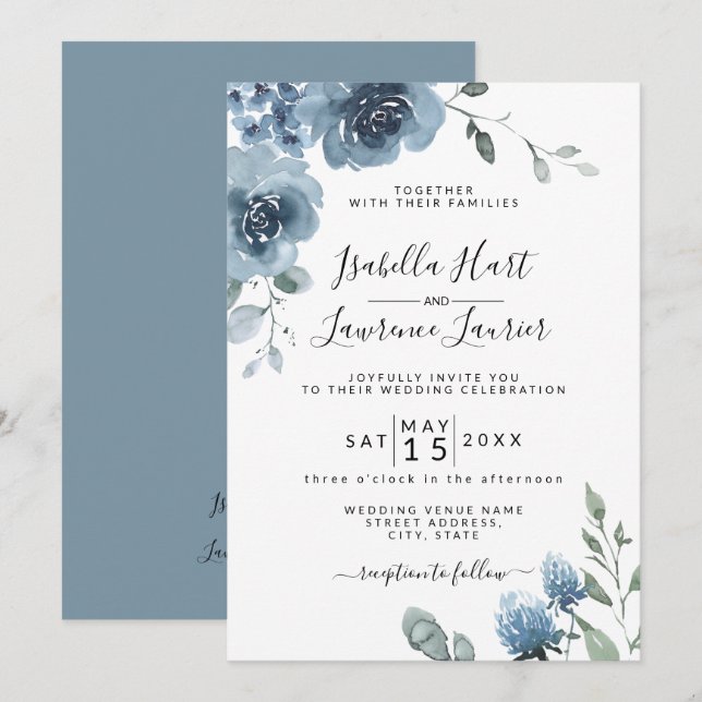 Slate Blue Floral Dusty Blue Pastel Wedding  Invitation (Front/Back)