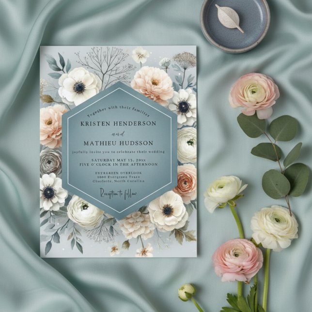 Slate Blue Floral Flourish Wedding Invitation (Creator Uploaded)