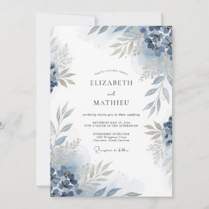Slate Blue Floral Flourish Wedding Invitation