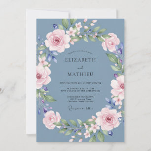 Slate Blue Floral Garland Wedding Invitation