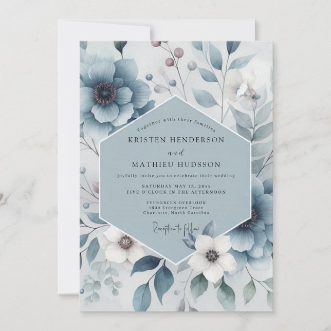 Slate Blue Floral Harmony Wedding Invitation (Front)