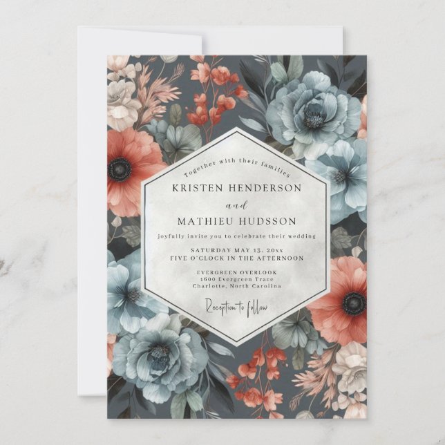 Slate Blue Floral Harvest Wedding Invitation (Front)