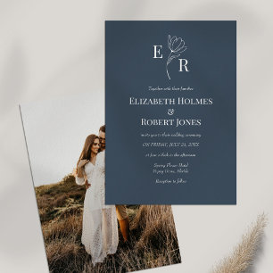 Slate Blue Floral Monogram Custom Photo Wedding Invitation